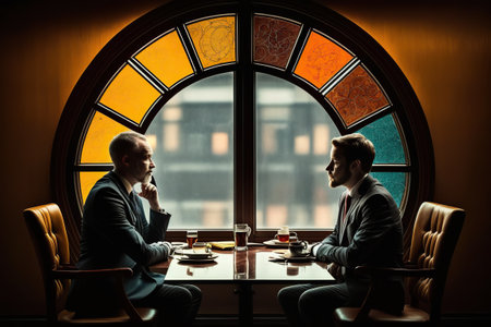 Two men have a serious meeting in a cafeteria. Ai generated.の素材