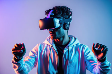 Young black man with virtual reality glasses gesturing. Ai generated.の素材