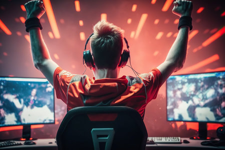 Young e-sports player raises his arms in victory sign. Ai generated.の素材