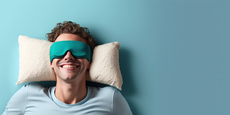 A young man wears a mask to cover his eyes when sleeping, copy space, banner. Ai generated.の素材