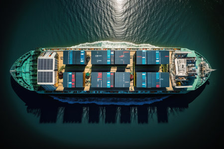 A container cargo ship powered by electricity with solar panels. Ai generated.の素材
