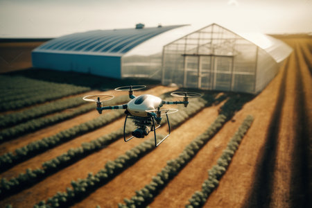 Surveillance of crop fields using cameras on flying drones. Ai generated.の素材