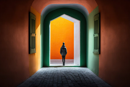 A person, with his back turned, walks among the colorful and original futuristic streets on a sightseeing trip. Ai generated.の素材