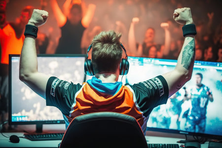 Young e-sports player raises his arms in victory sign. Ai generated.の素材