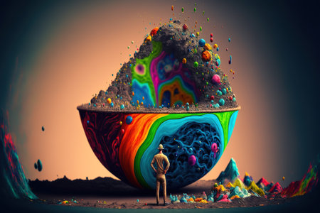 colored trees in a world of spilled liquid paint, concept of pollution and artifice.の素材