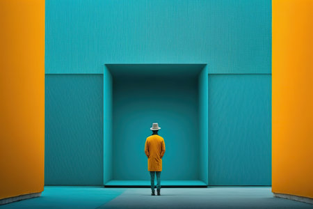 A person, with his back turned, walks among the colorful and original futuristic streets on a sightseeing trip. Ai generated.の素材