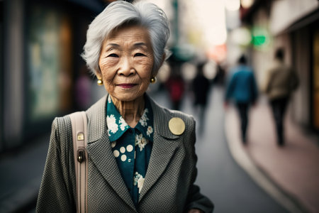Chinese senior woman portrait. Asian women's retirement. AI generative.の素材