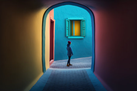 Geometric and colorful walls in the background, in a designer street that combines the modern and the classic. AI generative.の素材