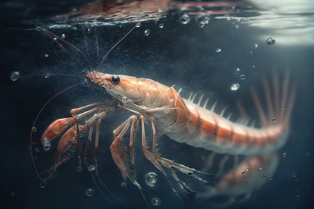 Live prawns moving on the bottom of the sea. AI generative.の素材