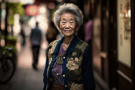 Chinese senior woman portrait. Asian women's retirement. AI generative.の素材