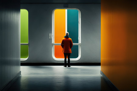 Geometric and colorful walls in the background, in a designer street that combines the modern and the classic. AI generative.の素材