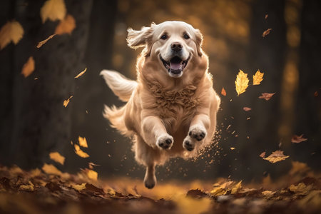 A beautiful golden retriever dog running through the fallen leaves. AI generative.の素材