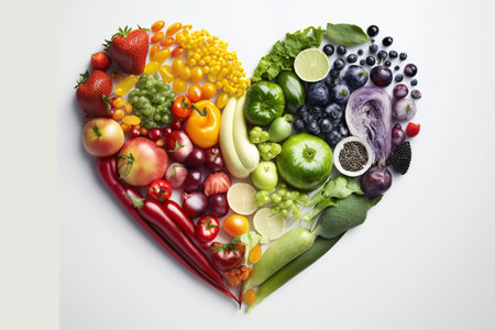 Set of raw healthy vegetables and fruits studio isolated in the shape of a heart. Ai generated.の素材