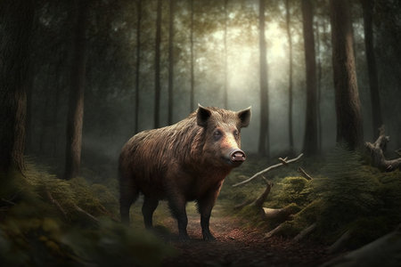 Portrait of a wild boar in a forest. Ai generated.の素材