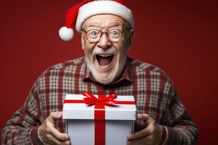 Happy grandfather brings Christmas gifts to his grandchildren. Ai generated.の素材