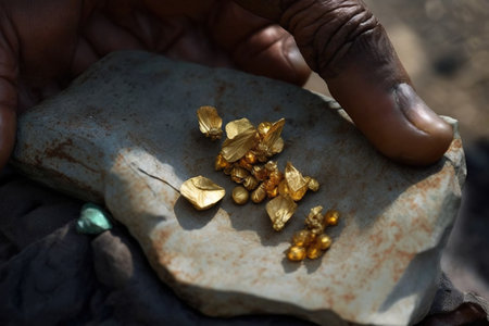 A black worker holds pure gold nuggets in his hand. Ai generated.の素材