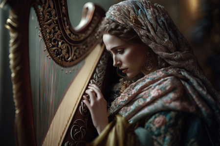 Woman performs a song on a classical harp. Ai generated.の素材