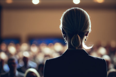 elegant empowered woman, from behind, in front of a crowd at a congress. Ai generated.の素材