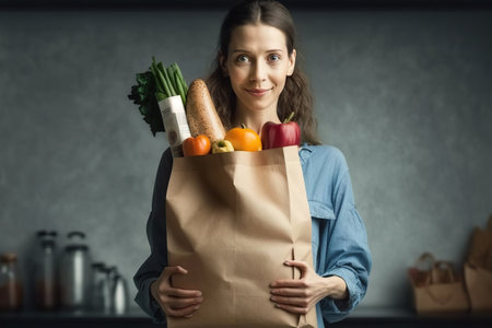 A young slim housewife woman holds a bag with purchases of fresh food. Ai generated.の素材