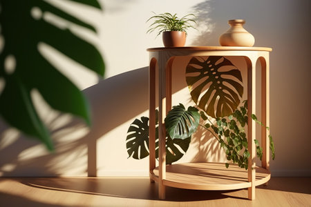 An interior wall with the shadow of the leaf of a monstera, negative copy space. Ai generated.の素材