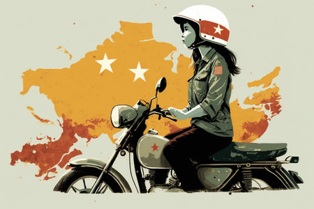 A young Vietnamese girl travels her country on a motorcycle, Flat design illustration. Ai generated.の素材