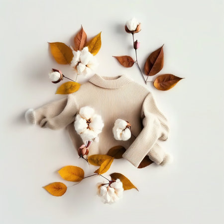 Flat lay of clothes made with organic and respectful cotton, white background. Ai generated.の素材
