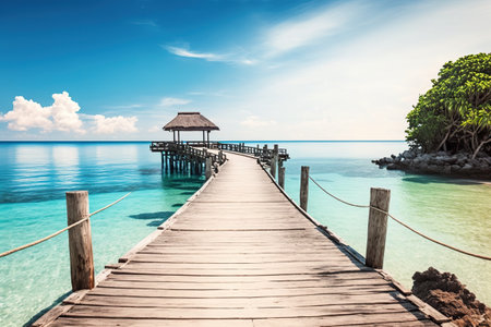Paradisiacal view of a pier on an island in the pacific tropics. Ai generated.の素材