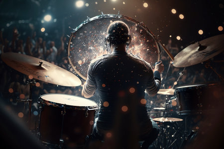 Young musician man plays the drums energetically at a concert. ai generatedの素材