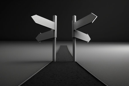 Modern illustration, a road with diverging arrows, different directions to make decisions. Ai generated.の素材