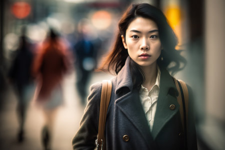 A modern young Japanese woman stars into the camera as she walks down the street. Ai generated.の素材