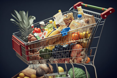 A shopping cart full of messy food, isolated. Ai generated.の素材