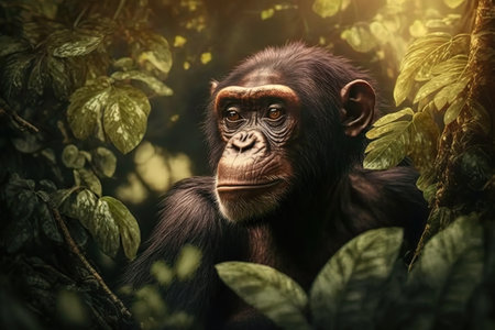 A chimpanzee in the wild looks at the camera through the leaves of a tree. Ai generated.の素材