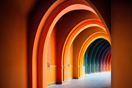 Bright and warm arcade, perfectly symmetrical construction in a fantasy corridor. Ai generated.の素材