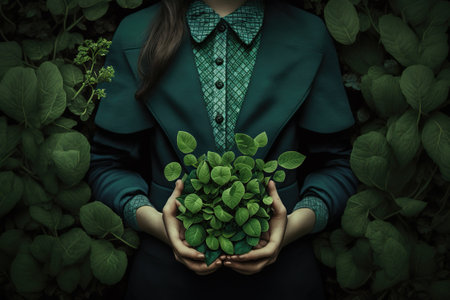 Elegant woman holds a pot with green flowers, fills the shot. AI generated.の素材