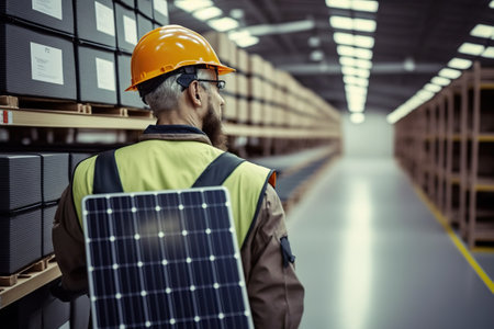 The production of solar panels can produce a break in the stock of materials in the warehouses. AI generated.の素材