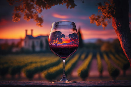Relaxing moment with a glass of rosÃ© wine at sunset in a European vineyard. Ai generated.の素材