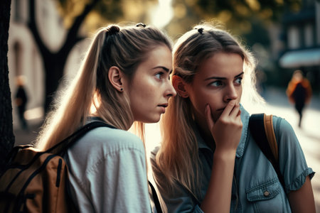 Young student girls talk to each other worried about the bullying they see in their schools. Ai generated.の素材