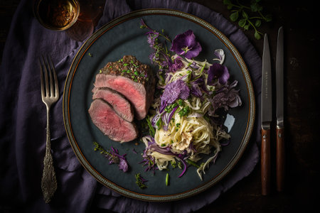 Beef steak with salad garnish, seen from above, dark background. AI generated.の素材