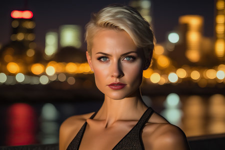 Blonde woman at night with a big city in the background, northern European features. AI generated.の素材