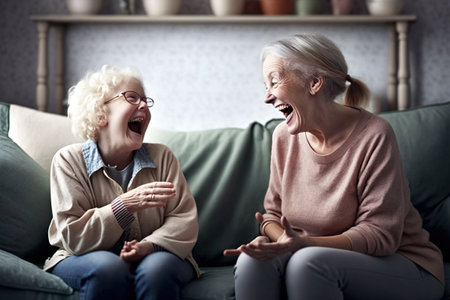 Mother and daughter, mature and old, laugh on the sofa, telling stories. Ai generated.の素材