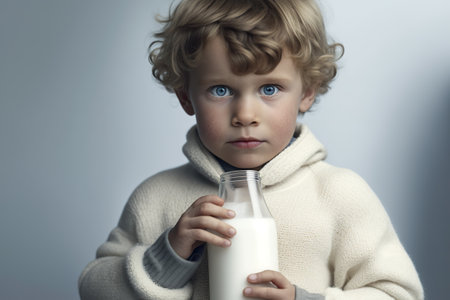 Happy boy with a glass of milk, ideal for his healthy growth, isolated white studio background. AI generated.の素材