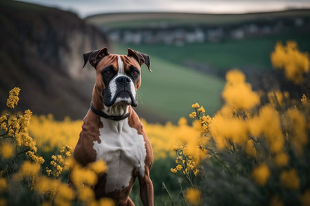 Portrait of a calm Boxer dog in a flowery meadow. AI generated.の素材