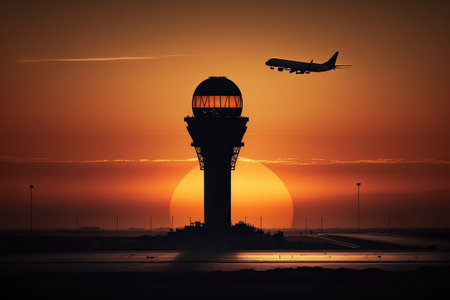 Passenger plane flies behind the airport control tower at dusk. AI generated.の素材