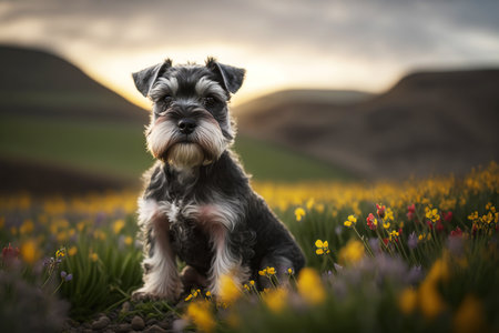 Portrait of a calm dog in a flowery meadow. AI generated.の素材