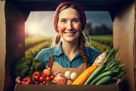 Proud female farmer shows the organic harvest of vegetables. AI generated.の素材