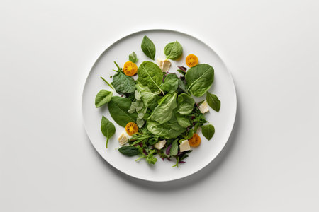 Plate with a small vegetable salad, view from above on a white background. AI generated.の素材