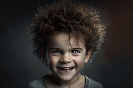 A cheerful teenage boy smiles looking at the camera, his messy hair a reminder of childhood innocence and emotion. ai generatedの素材
