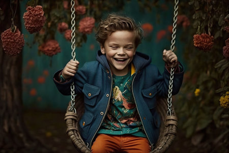 An adorable 5-year-old boy swings in a park, having fun. Ai generated.の素材