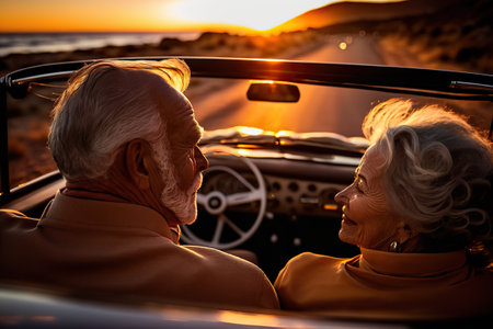 A retired couple drives a convertible car into the sunset on their vacation. Ai generated.の素材