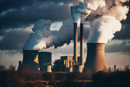 Cooling chimneys of thermal power plant released water vapor. Ai generated.の素材
